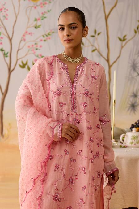 Shop_Shikha Mehta_Pink Chanderi, Satin, Silk Organza Embroidery Split V-neck Floral Kurta Set _Online_at_Aza_Fashions