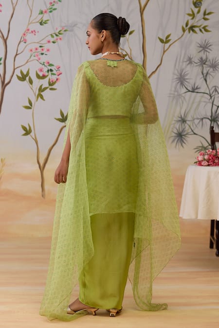 Shikha Mehta Green Silk Organza Cape & Satin Skirt Set 