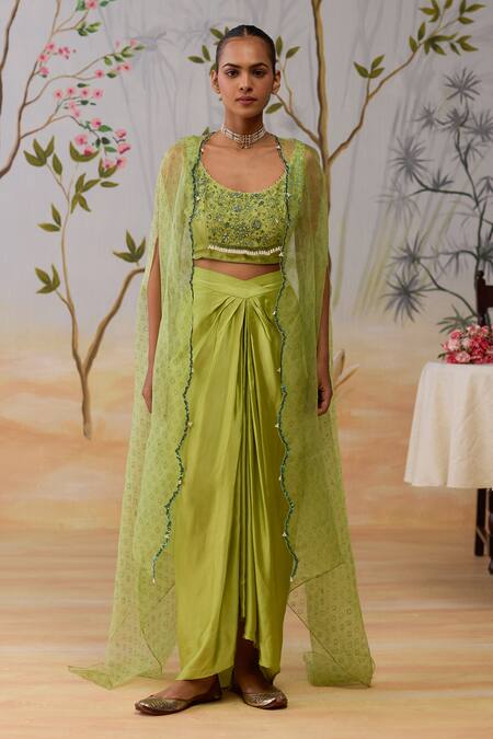Shikha Mehta_Green Silk, Chanderi, Satin Beads Round Neck Organza Cape And Skirt Set _Online_at_Aza_Fashions