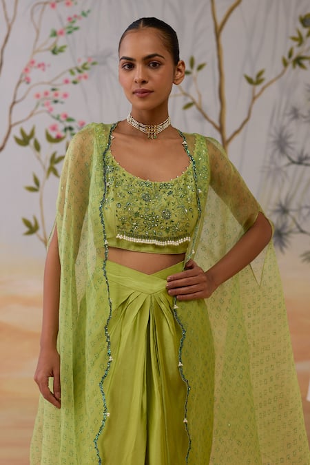 Buy_Shikha Mehta_Green Silk, Chanderi, Satin Beads Round Neck Organza Cape And Skirt Set _Online_at_Aza_Fashions