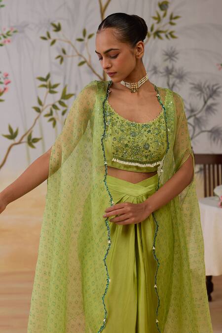Shop_Shikha Mehta_Green Silk, Chanderi, Satin Beads Round Neck Organza Cape And Skirt Set _Online_at_Aza_Fashions