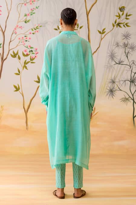 Shop_Shikha Mehta_Blue Chanderi, Cotton, Silk Embroidery Collared Straight Kurta Set _at_Aza_Fashions