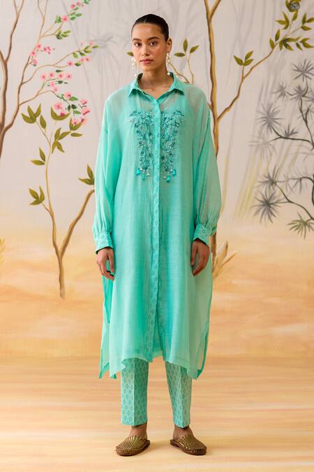 Buy_Shikha Mehta_Blue Chanderi, Cotton, Silk Embroidery Collared Straight Kurta Set _Online_at_Aza_Fashions