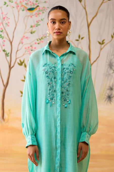 Shop_Shikha Mehta_Blue Chanderi, Cotton, Silk Embroidery Collared Straight Kurta Set _Online_at_Aza_Fashions