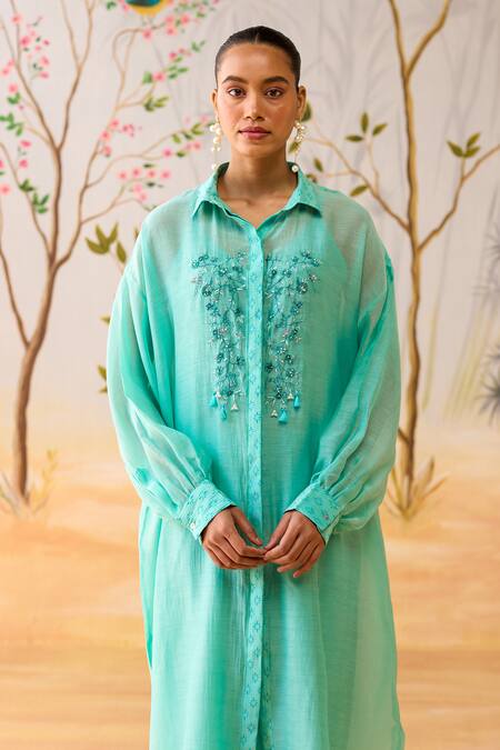 Shikha Mehta_Blue Chanderi, Cotton, Silk Embroidery Collared Straight Kurta Set _at_Aza_Fashions