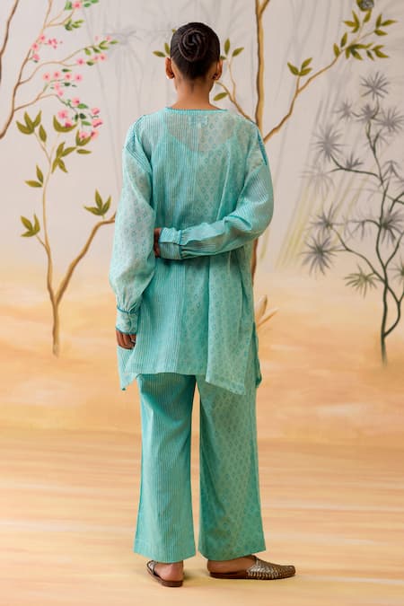 Shop Shikha Mehta Aqua Chanderi, Cotton, Silk Embroidery Round Blue Kurta Set With Slip And Pants at Aza Fashions Shop_Shikha Mehta_Aqua Chanderi, Cotton, Silk Embroidery Round Blue Kurta Set With Slip And Pants _at_Aza_Fashions
