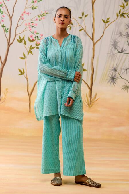 Shikha Mehta Aqua Chanderi, Cotton, Silk Embroidery Round Blue Kurta Set With Slip And Pants Online at Aza Fashions Shikha Mehta_Aqua Chanderi, Cotton, Silk Embroidery Round Blue Kurta Set With Slip And Pants _Online_at_Aza_Fashions