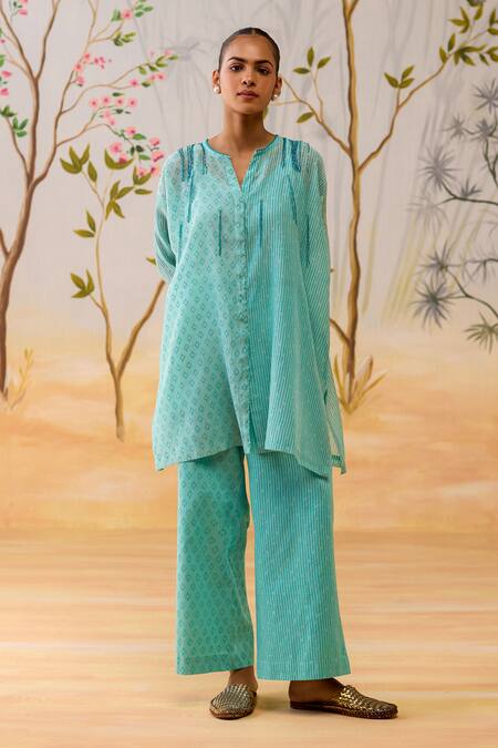 Shop Shikha Mehta Aqua Chanderi, Cotton, Silk Embroidery Round Blue Kurta Set With Slip And Pants Online at Aza Fashions Shop_Shikha Mehta_Aqua Chanderi, Cotton, Silk Embroidery Round Blue Kurta Set With Slip And Pants _Online_at_Aza_Fashions