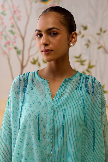 Shikha Mehta Aqua Chanderi, Cotton, Silk Embroidery Round Blue Kurta Set With Slip And Pants at Aza Fashions Shikha Mehta_Aqua Chanderi, Cotton, Silk Embroidery Round Blue Kurta Set With Slip And Pants _at_Aza_Fashions