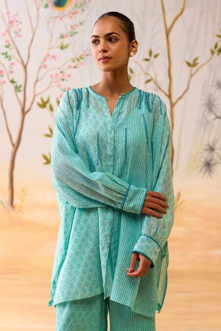 Buy Shikha Mehta Aqua Chanderi, Cotton, Silk Embroidery Round Blue Kurta Set With Slip And Pants Buy_Shikha Mehta_Aqua Chanderi, Cotton, Silk Embroidery Round Blue Kurta Set With Slip And Pants
