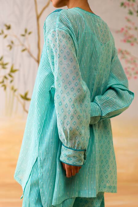 Shop Shikha Mehta Aqua Chanderi, Cotton, Silk Embroidery Round Blue Kurta Set With Slip And Pants Shop_Shikha Mehta_Aqua Chanderi, Cotton, Silk Embroidery Round Blue Kurta Set With Slip And Pants