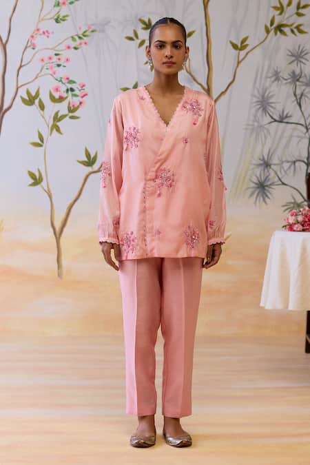 Shop_Shikha Mehta_Pink Silk, Chanderi Embroidery V-neck Pant Set _at_Aza_Fashions