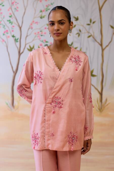 Buy_Shikha Mehta_Pink Silk, Chanderi Embroidery V-neck Pant Set _Online_at_Aza_Fashions