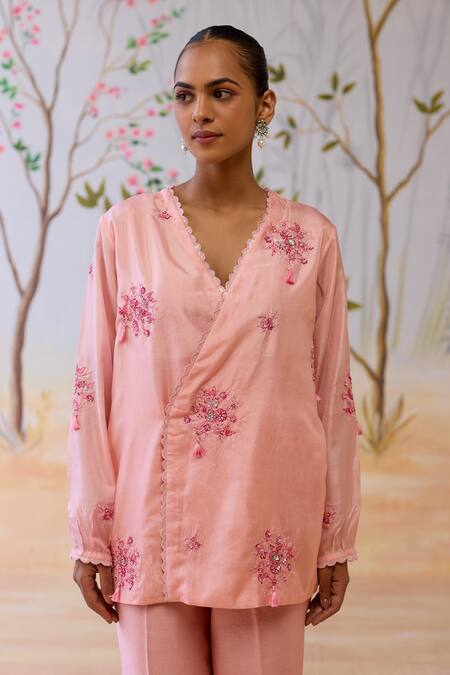 Shop_Shikha Mehta_Pink Silk, Chanderi Embroidery V-neck Pant Set _Online_at_Aza_Fashions
