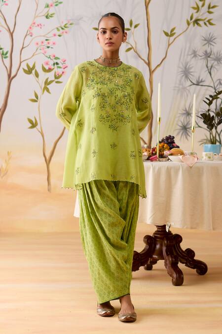 Buy_Shikha Mehta_Green Chanderi, Silk Organza Embroidery Round Neck Kurta Set _Online_at_Aza_Fashions