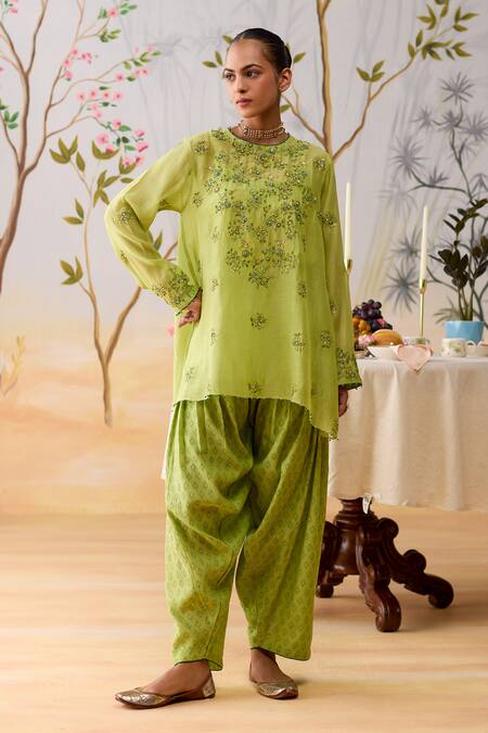 Shop_Shikha Mehta_Green Chanderi, Silk Organza Embroidery Round Neck Kurta Set _Online_at_Aza_Fashions
