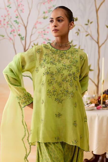 Buy_Shikha Mehta_Green Chanderi, Silk Organza Embroidery Round Neck Kurta Set 