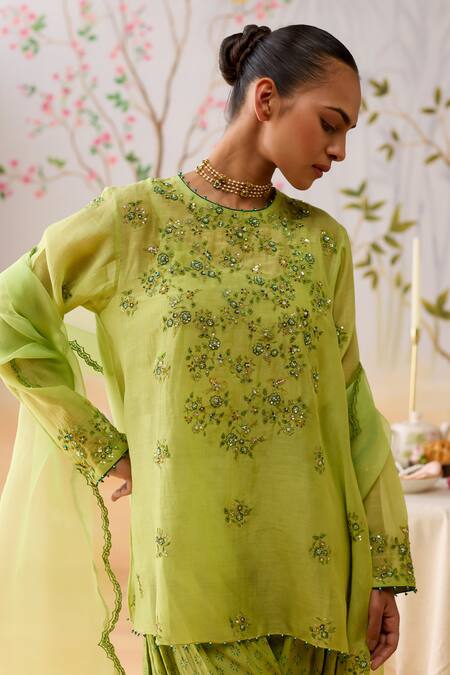Shop_Shikha Mehta_Green Chanderi, Silk Organza Embroidery Round Neck Kurta Set 