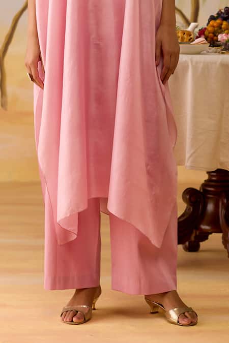 Shikha Mehta Pink Silk, Cotton Beads, Embroidery Split V-neck Lilac Kaftan And Pant Set Online at Aza Fashions Shikha Mehta_Pink Silk, Cotton Beads, Embroidery Split V-neck Lilac Kaftan And Pant Set _Online_at_Aza_Fashions