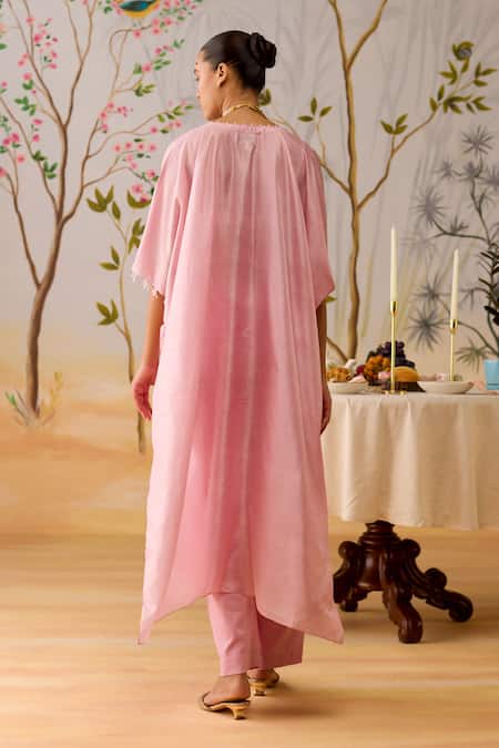 Shop Shikha Mehta Pink Silk, Cotton Beads, Embroidery Split V-neck Lilac Kaftan And Pant Set at Aza Fashions Shop_Shikha Mehta_Pink Silk, Cotton Beads, Embroidery Split V-neck Lilac Kaftan And Pant Set _at_Aza_Fashions