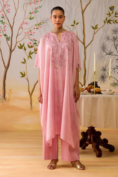 Buy Shikha Mehta Pink Silk, Cotton Beads, Embroidery Split V-neck Lilac Kaftan And Pant Set Online at Aza Fashions Buy_Shikha Mehta_Pink Silk, Cotton Beads, Embroidery Split V-neck Lilac Kaftan And Pant Set _Online_at_Aza_Fashions