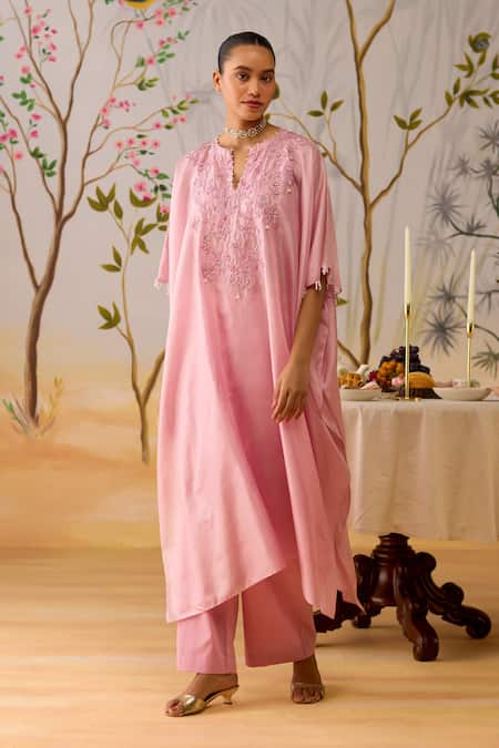 Shop Shikha Mehta Pink Silk, Cotton Beads, Embroidery Split V-neck Lilac Kaftan And Pant Set Online at Aza Fashions Shop_Shikha Mehta_Pink Silk, Cotton Beads, Embroidery Split V-neck Lilac Kaftan And Pant Set _Online_at_Aza_Fashions