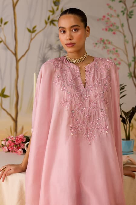 Shikha Mehta Pink Silk, Cotton Beads, Embroidery Split V-neck Lilac Kaftan And Pant Set at Aza Fashions Shikha Mehta_Pink Silk, Cotton Beads, Embroidery Split V-neck Lilac Kaftan And Pant Set _at_Aza_Fashions