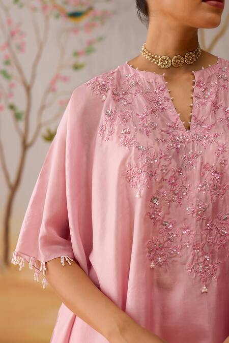 Buy Shikha Mehta Pink Silk, Cotton Beads, Embroidery Split V-neck Lilac Kaftan And Pant Set Buy_Shikha Mehta_Pink Silk, Cotton Beads, Embroidery Split V-neck Lilac Kaftan And Pant Set
