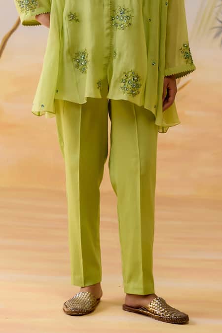 Shikha Mehta Green Chanderi, Cotton Embroidery, Sequins, Beads Round Neck Pant Set Online at Aza Fashions Shikha Mehta_Green Chanderi, Cotton Embroidery, Sequins, Beads Round Neck Pant Set _Online_at_Aza_Fashions