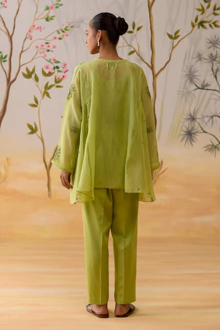 Shop Shikha Mehta Green Chanderi, Cotton Embroidery, Sequins, Beads Round Neck Pant Set at Aza Fashions Shop_Shikha Mehta_Green Chanderi, Cotton Embroidery, Sequins, Beads Round Neck Pant Set _at_Aza_Fashions