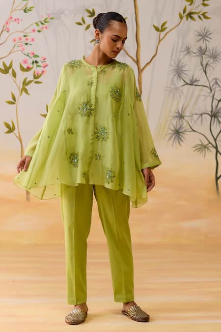 Buy Shikha Mehta Green Chanderi, Cotton Embroidery, Sequins, Beads Round Neck Pant Set Online at Aza Fashions Buy_Shikha Mehta_Green Chanderi, Cotton Embroidery, Sequins, Beads Round Neck Pant Set _Online_at_Aza_Fashions