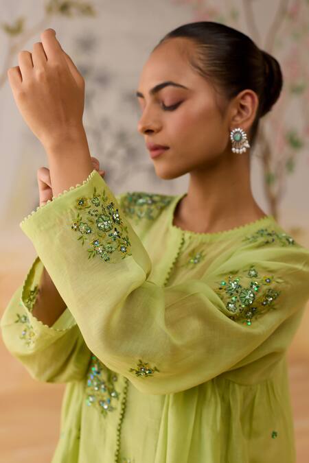 Shop Shikha Mehta Green Chanderi, Cotton Embroidery, Sequins, Beads Round Neck Pant Set Online at Aza Fashions Shop_Shikha Mehta_Green Chanderi, Cotton Embroidery, Sequins, Beads Round Neck Pant Set _Online_at_Aza_Fashions