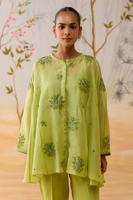 Shikha Mehta Green Chanderi, Cotton Embroidery, Sequins, Beads Round Neck Pant Set at Aza Fashions Shikha Mehta_Green Chanderi, Cotton Embroidery, Sequins, Beads Round Neck Pant Set _at_Aza_Fashions