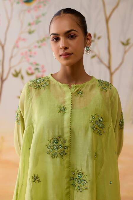 Buy Shikha Mehta Green Chanderi, Cotton Embroidery, Sequins, Beads Round Neck Pant Set Buy_Shikha Mehta_Green Chanderi, Cotton Embroidery, Sequins, Beads Round Neck Pant Set
