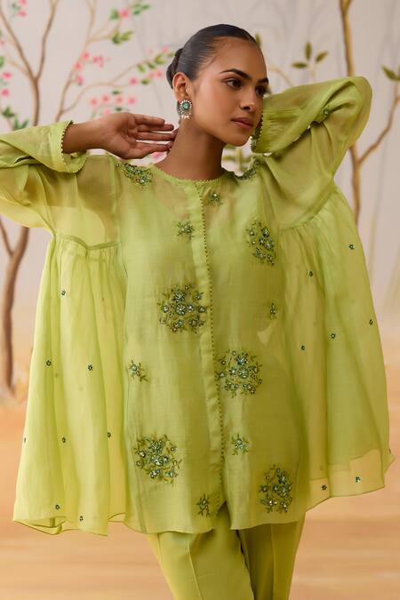 Shop Shikha Mehta Green Chanderi, Cotton Embroidery, Sequins, Beads Round Neck Pant Set Shop_Shikha Mehta_Green Chanderi, Cotton Embroidery, Sequins, Beads Round Neck Pant Set