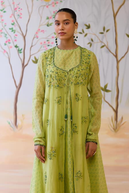 Shikha Mehta_Green Chanderi, , Organza Beads Embroidered Kurta Set With Dupatta _Online_at_Aza_Fashions