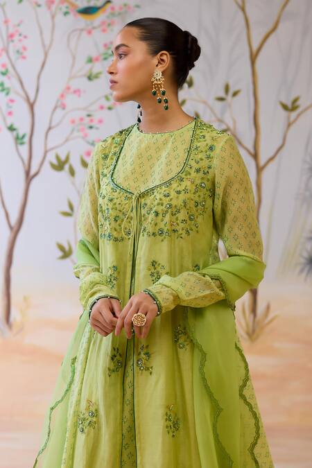 Buy_Shikha Mehta_Green Chanderi, , Organza Beads Embroidered Kurta Set With Dupatta 
