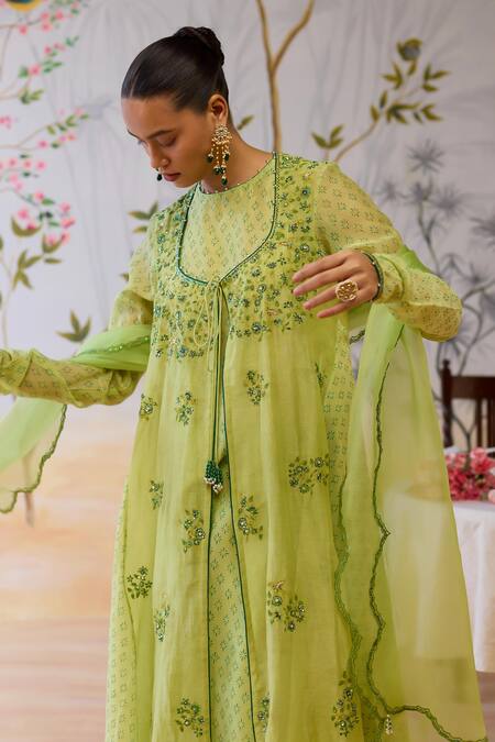 Shop_Shikha Mehta_Green Chanderi, , Organza Beads Embroidered Kurta Set With Dupatta 