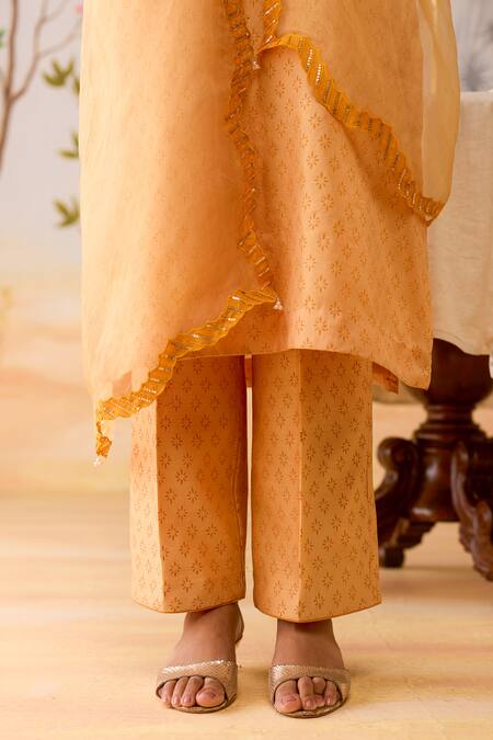 Shikha Mehta_Yellow , Cotton, Organza Sequins, Beads, Embroidery Split Kurta Set _Online_at_Aza_Fashions