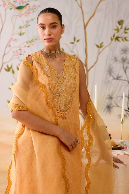 Buy_Shikha Mehta_Yellow , Cotton, Organza Sequins, Beads, Embroidery Split Kurta Set _Online_at_Aza_Fashions