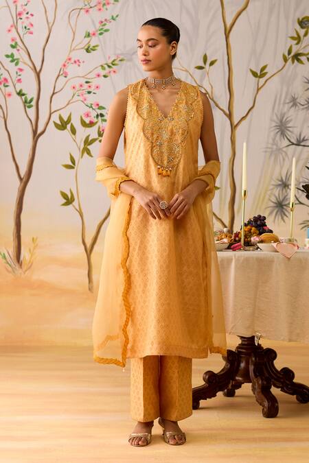 Shikha Mehta_Yellow , Cotton, Organza Sequins, Beads, Embroidery Split Kurta Set _at_Aza_Fashions