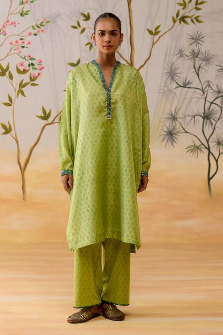 Shikha Mehta_Green Silk, Cotton Beads Split V-neck Designer Straight Kurta Set _Online_at_Aza_Fashions