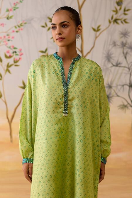 Shop_Shikha Mehta_Green Silk, Cotton Beads Split V-neck Designer Straight Kurta Set _Online_at_Aza_Fashions