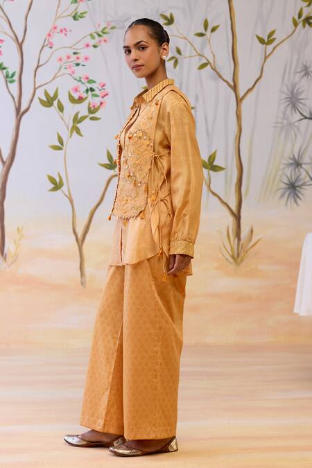 Buy_Shikha Mehta_Yellow Silk, Cotton Sequins, Beads Collared Embroidered Bib And Pant Set _Online_at_Aza_Fashions