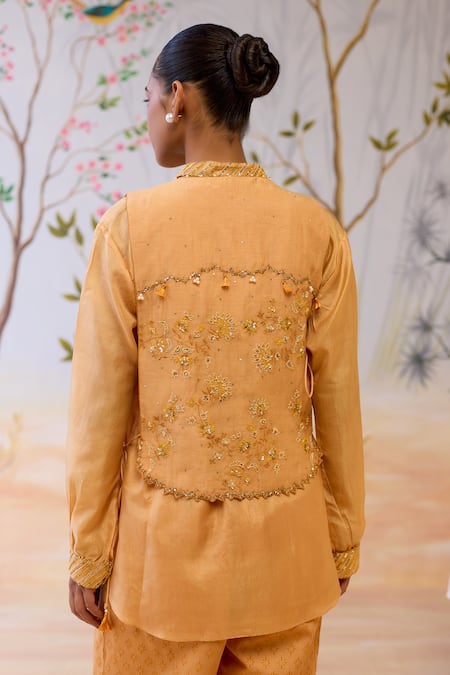 Shop_Shikha Mehta_Yellow Silk, Cotton Sequins, Beads Collared Embroidered Bib And Pant Set _at_Aza_Fashions