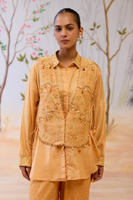 Shop_Shikha Mehta_Yellow Silk, Cotton Sequins, Beads Collared Embroidered Bib And Pant Set _Online_at_Aza_Fashions