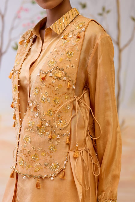Shikha Mehta_Yellow Silk, Cotton Sequins, Beads Collared Embroidered Bib And Pant Set _at_Aza_Fashions