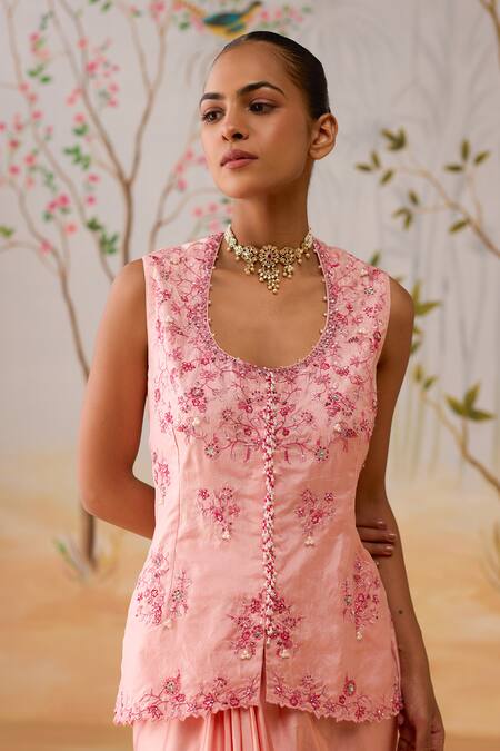 Shikha Mehta_Pink Silk, Satin Embroidery Scoop Neck Kurta Set _at_Aza_Fashions
