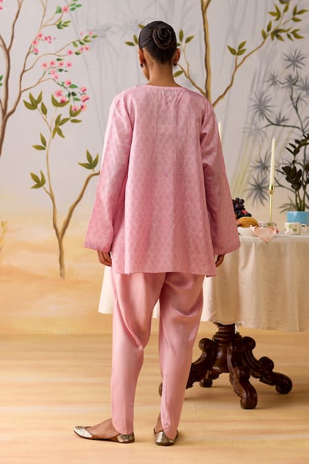 Shop_Shikha Mehta_Pink Silk, Satin Sequins, Embroidery Split V-neck Straight Kurta Set _at_Aza_Fashions