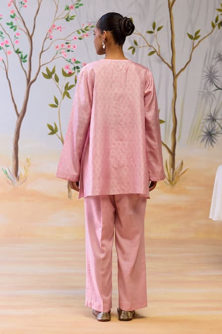 Shop Shikha Mehta Pink Silk, Cotton Sequins, Embroidery Split V-neck Tunic Pant Set at Aza Fashions Shop_Shikha Mehta_Pink Silk, Cotton Sequins, Embroidery Split V-neck Tunic Pant Set _at_Aza_Fashions
